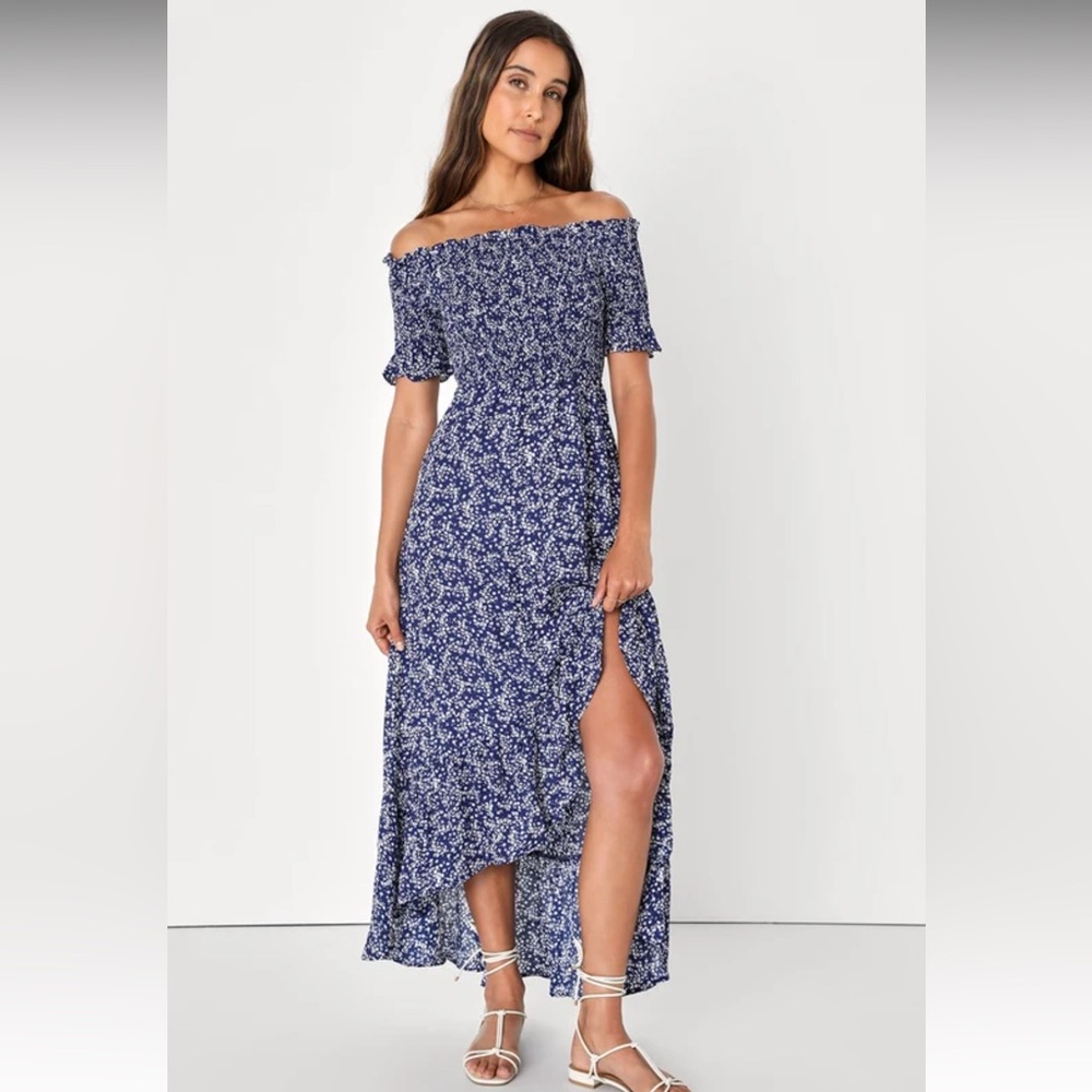 Fleur-tation Navy Blue Floral Print Off-the-Shoulder Midi Dress